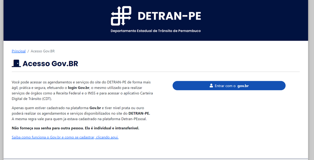 Para renovar carteira no site do Detran de Pernambuco, é preciso ter uma conta Gov.br (Imagem: Captura de tela/Fabrício Calixto/Canaltech)