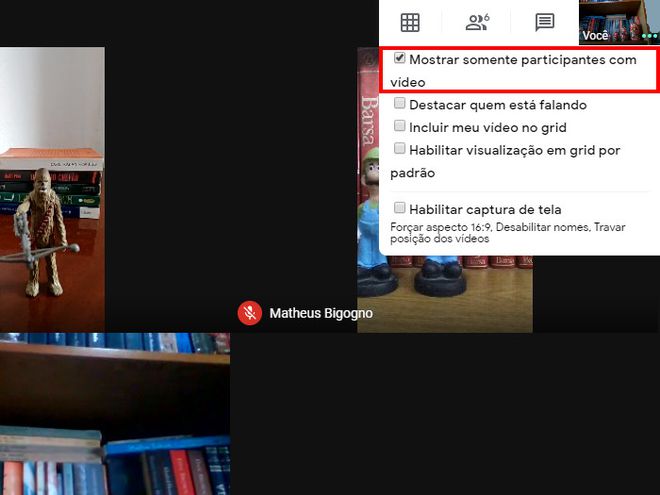 Você pode configurar para exibir apenas os usuários com câmeras ativas na reunião (Captura de tela: Matheus Bigogno)