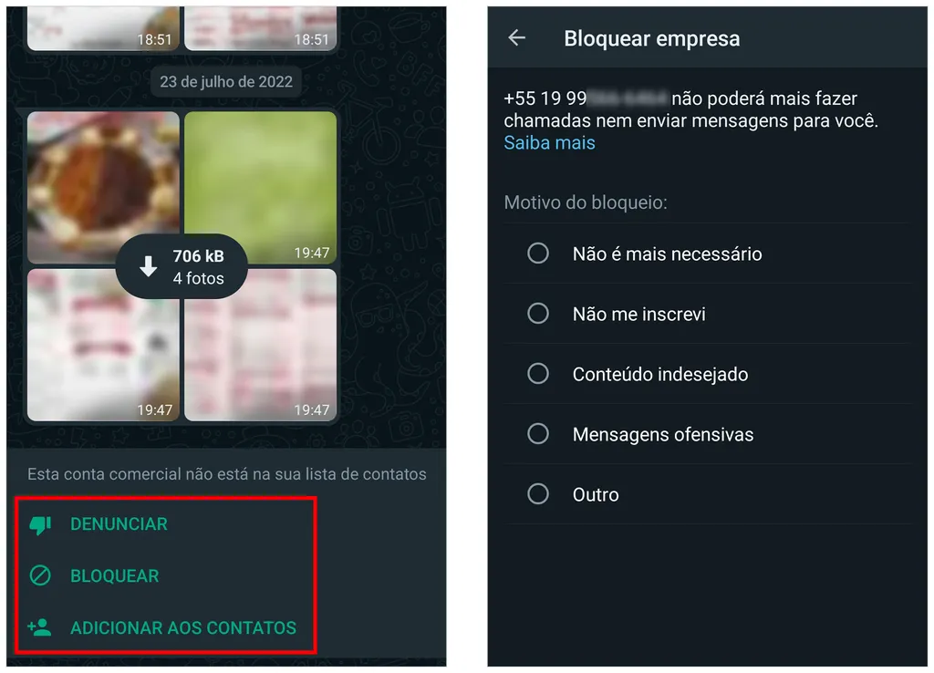 WhatsApp permite bloquear contas desconhecidas, mas não impede o envio de mensagens (Captura de tela: André Magalhães)