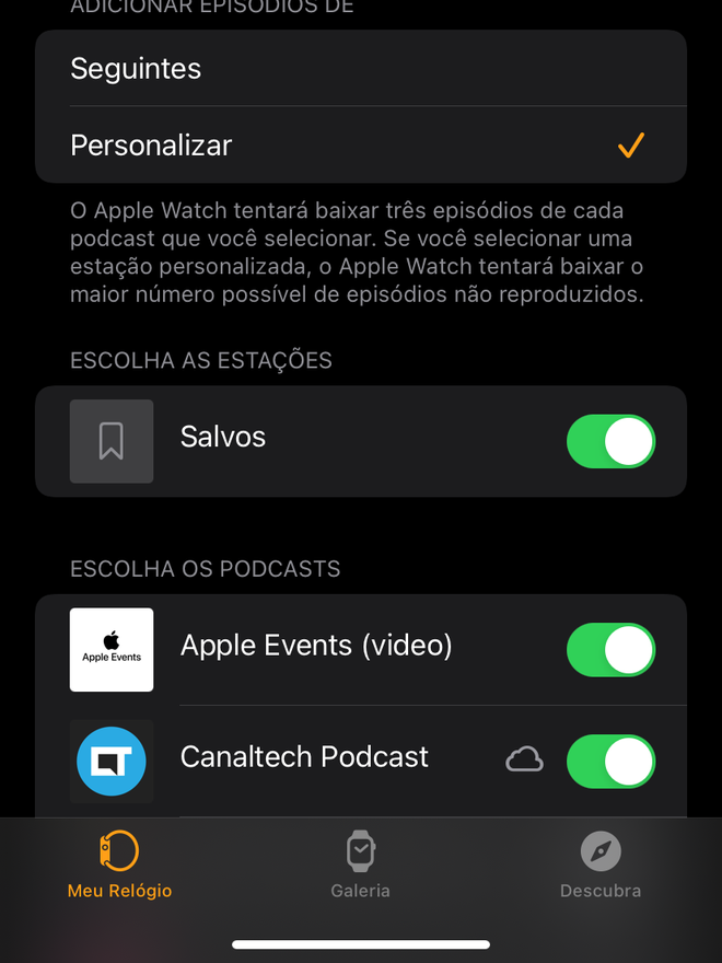 Escolha os podcasts que você deseja sincronizar no Apple Watch - Captura de tela: Thiago Furquim (Canaltech)