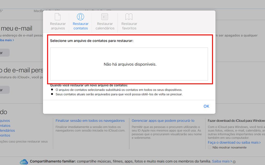Recupere contatos deletados no iCloud (Captura de tela: André Magalhães)