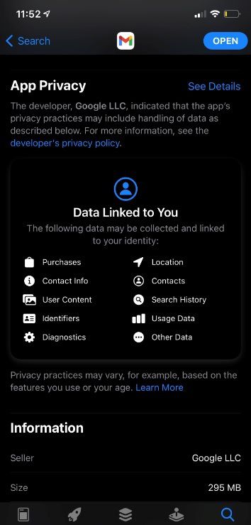 A transparência começa na lista de dados coletados na página de cada app. (Imagem: Phone Arena/Reprodução)