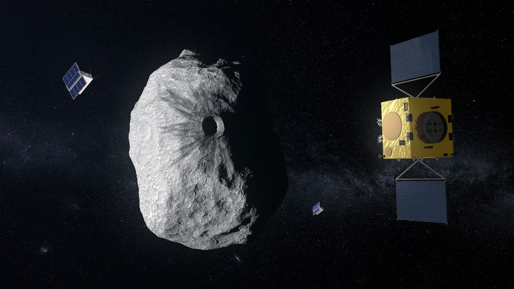 A nave Hera e o asteroide Didymos (Imagem: Reprodução/ESA)