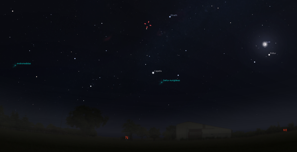 O cometa, posicionado na marcação vermelha acima da estrela Capella, ficará acima do ponto cardeal Norte, na noite desta quinta-feira (30), em São Paulo. A posição não deve variar muito para outras regiões do país (Imagem: Reprodução/Stellarium)