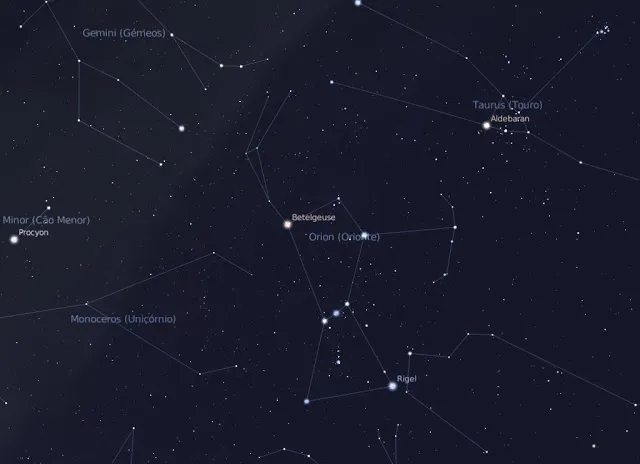 Betelgeuse está no "ombro" da constelação de Orion, o Caçador (Imagem: Captura de tela/Stellarium)