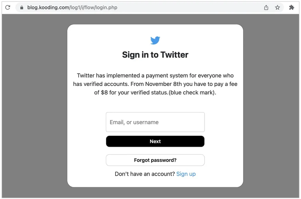 Uma página de phishing rouba os dados do usuário do Twitter (Imagem: Reprodução/Bleeping Computer)