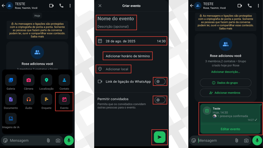 Passos para criar um evento em grupo no WhatsApp
