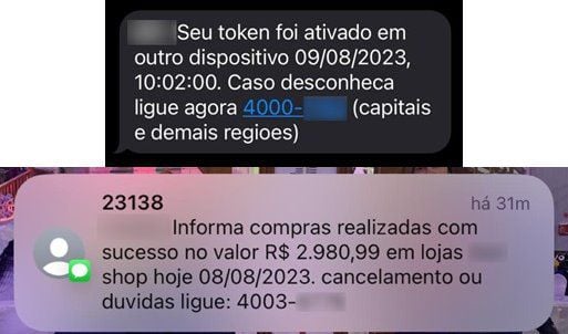 Mensagens de texto sobre transações realizadas são a porta de entrada para o golpe da "mão fantasma", que usa falsas centrais de atendimento para obter controle sobre o smartphone das vítimas (Imagem: Reprodução/Kaspersky)