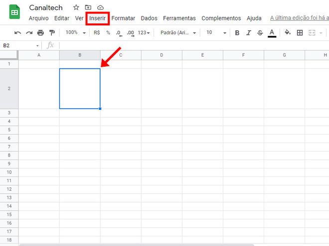 Abra uma tabela no Google Planilhar, selecione uma célula e clique em "Inserir" (Captura de tela: Matheus Bigogno)