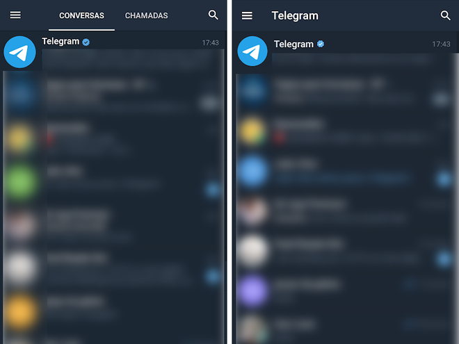 Telegram X, à esquerda, possui divisão de abas na tela inicial (Imagem: André Magalhães/Captura de tela)