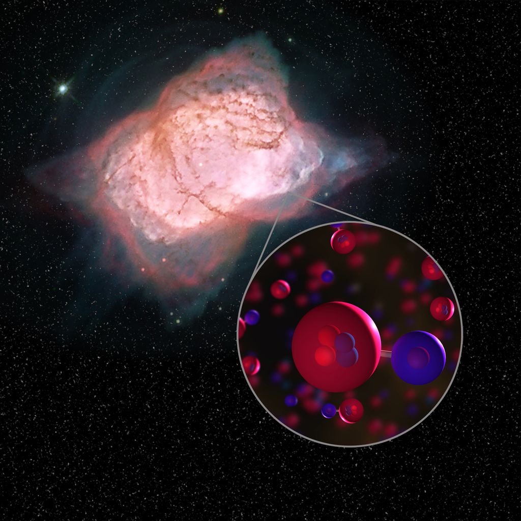 A nebulosa NGC 7027 com a ilustração das moléculas de hidreto de hélio. O hélio é representado em vermelho, enquanto o hidrogênio aparece em azul. (Imagem: NASA)