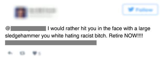 "Prefiro bem mais acertar a sua cara com uma enorme marreta, sua p**a racista odiadora de brancos. Se aposente AGORA!!!!" (Imagem: Divulgação/Anistia Internacional)