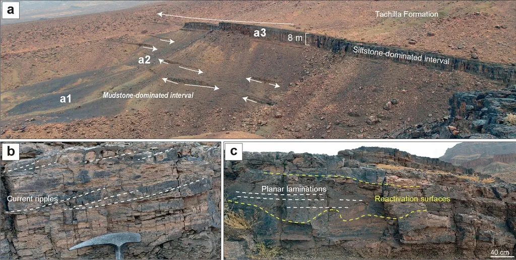 Camadas sedimentares de Taichoute, mostrando como as rochas se empilharam desde o Período Ordoviciano (Imagem: Saleh et al./Scientific Reports)