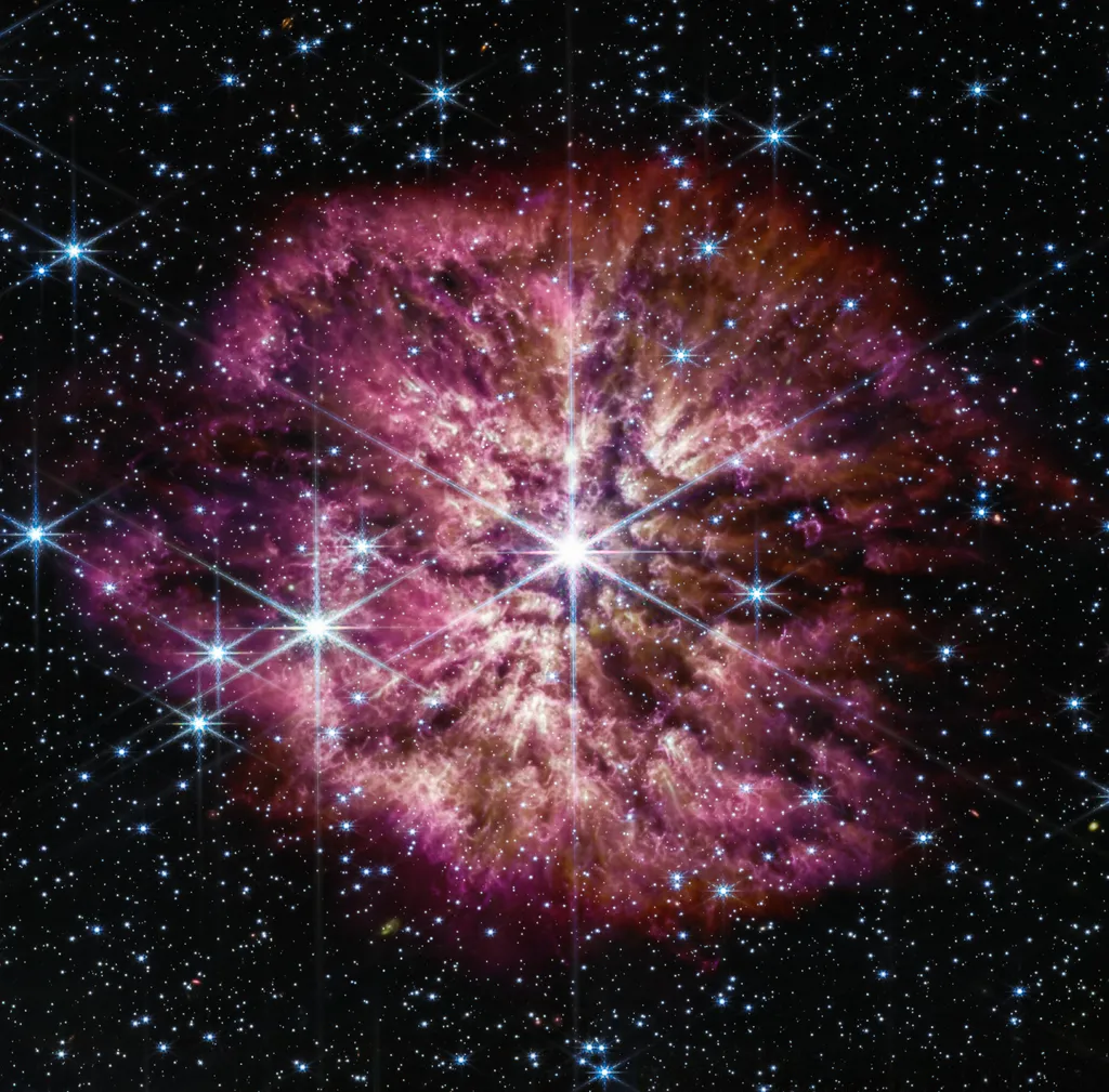 A estrela WR 124 aparece brilhante no centro da imagem (Imagem: Reprodução/NASA, ESA, CSA, STScI, Webb ERO Production Team)