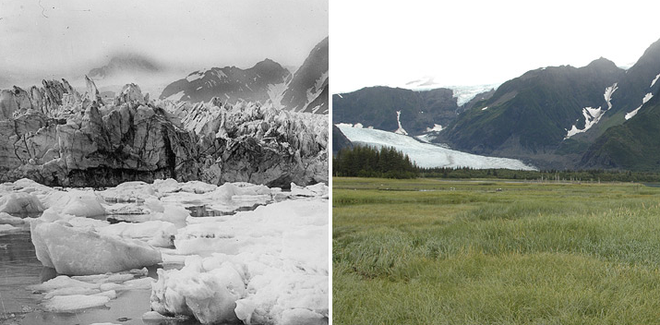 Comparação da geleira de Perdesen, no Alasca: a foto da esquerda a mostra como era em 1917, e a da direta, em 2005 (Imagem: Reprodução/ Louis H. Pedersen/Bruce F. Molina)
