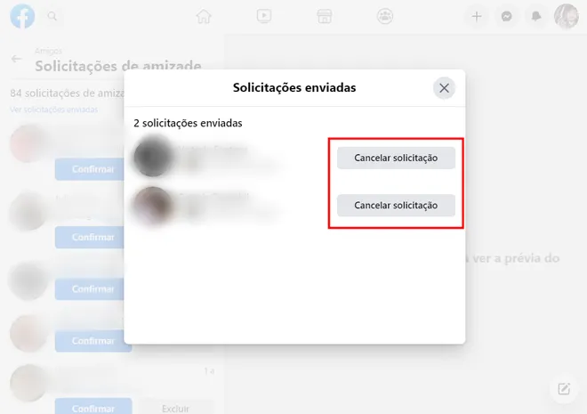 Dentro do menu “Ver solicitações enviadas”, você pode cancelar as solicitações de amizade (Imagem: Captura de tela/Fabrício Calixto/Canaltech)