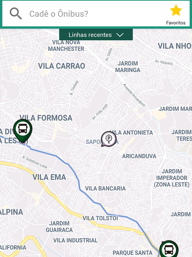 Ônibus são sinalizados no mapa (Imagem: André Magalhães/Captura de tela)