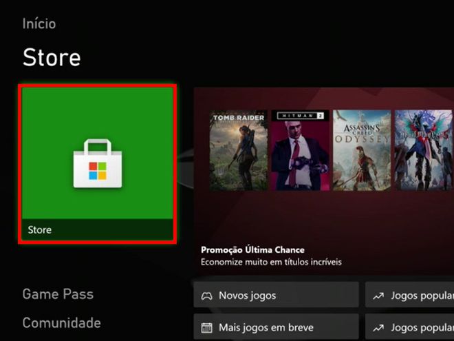 Acesse a aba "Store" na tela inicial do Xbox One (Captura de tela: Matheus Bigogno)