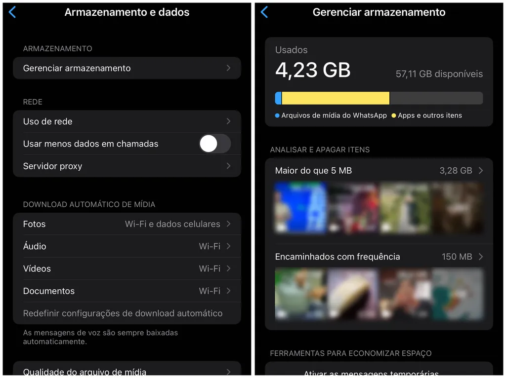 Apague arquivos pesados do WhatsApp que ocupam muito espaço no iPhone (Imagem: Captura de tela/Thiago Furquim/Canaltech)