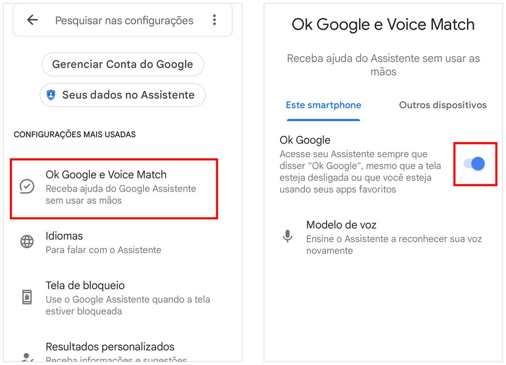 Também é possível desativar apenas o comando de voz "Ok, Google" (Captura de tela: André Magalhães)