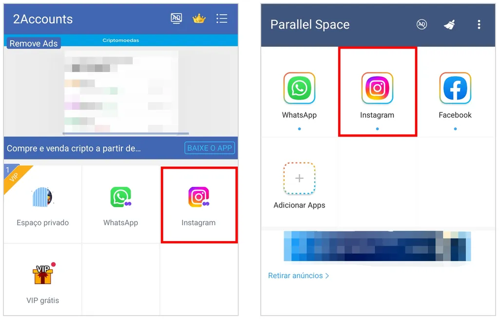 2Accounts (à esquerda) e Parallel Space (direita) são apps para clonar o Instagram no Android (Captura de tela: Caio Carvalho)