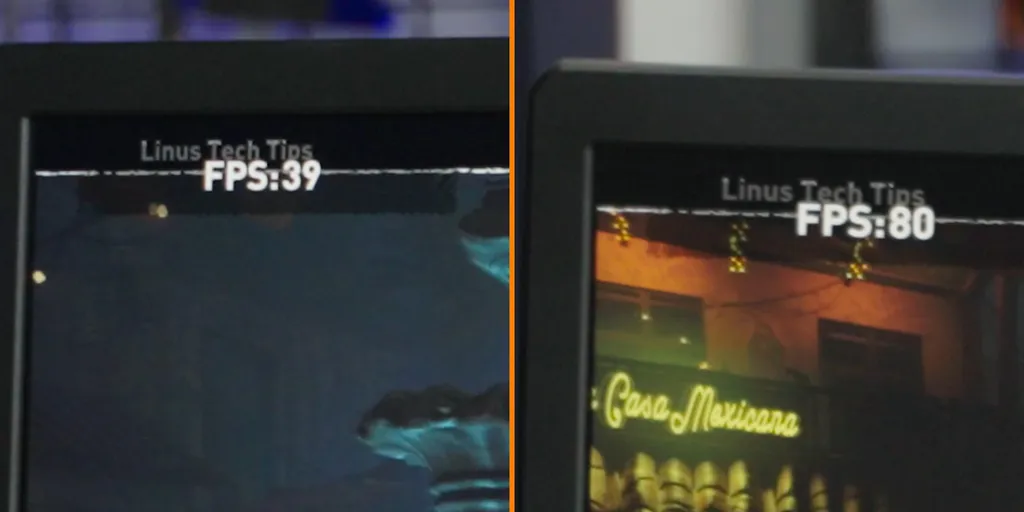 Intel Arc A770 rodando Shadow of the Tomb Raider em DirectX 11 (à esq.) e DirectX 12 (à dir.) — preparada para APIs mais novas, a linha Arc sofre drasticamente em games com APIs antigas (Imagem: Linus Tech Tips/YouTube)