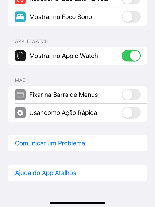 Toque em "Mostrar no Apple Watch" para exibir o atalho no relógio inteligente - Captura de tela: Thiago Furquim (Canaltech)