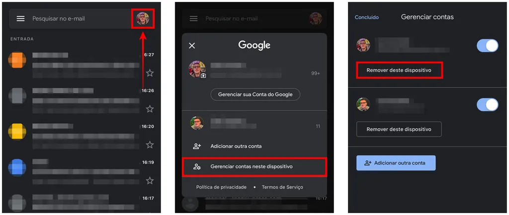 Gmail permite remover contas do Google no iPhone (Captura de tela: Caio Carvalho)