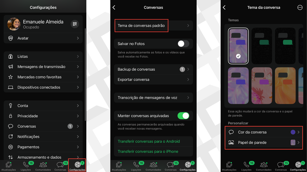 Captura dos passos para mudar cor do WhatsApp no iOS