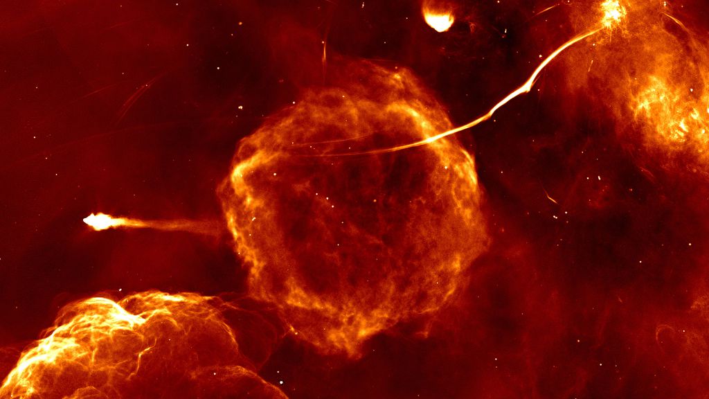 O remanescente de supernova G359.1-0.5 e o pulsar The Mouse (Imagem: Reprodução/I. Heywood/SARAO)