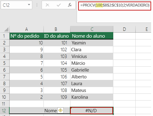 O erro "#N/D" costuma acontecer quando o intervalo no comando está digitado de forma errada, mostrando um valor diferente daquele que foi buscado (Imagem: Divulgação/Microsoft)