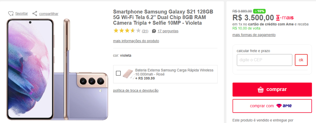 USADO: Smartphone Samsung Galaxy S21 128GB 5G Wi-Fi Tela 6.2'' Dual Chip  8GB RAM Câmera Tripla + Selfie 10MP - Violeta em Promoção na Americanas