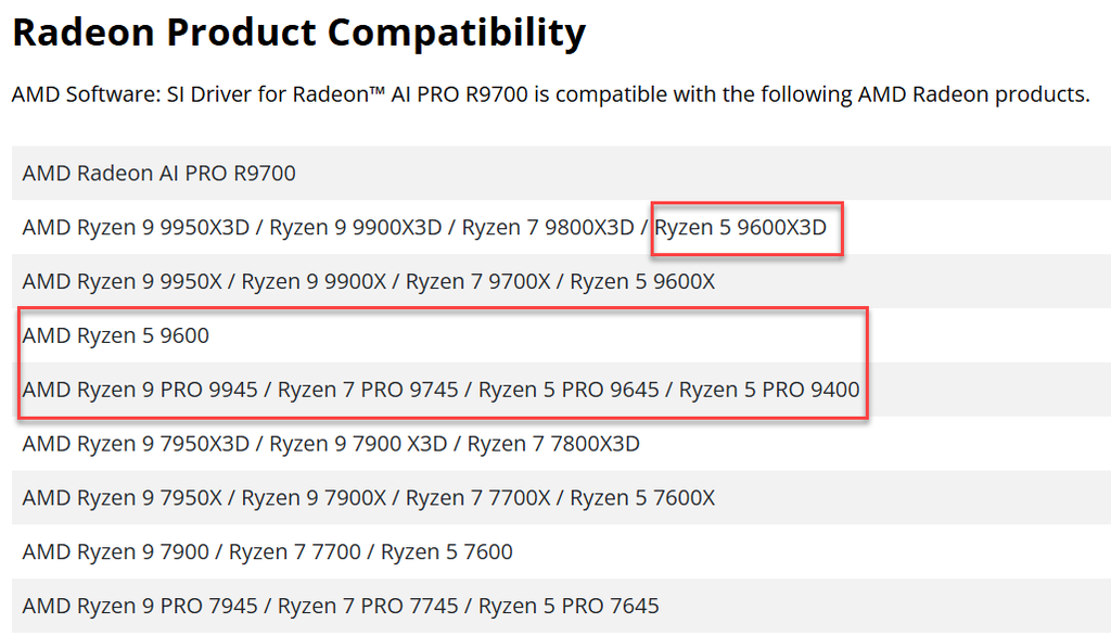 Processadores compatíveis com a GPU Radeon AI Pro R9700 (Imagem: AMD)