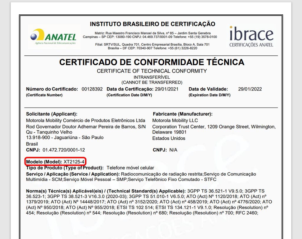Certificado do XT2125-4, identificado por leakers como Moto G100 (Imagem: Reprodução/Anatel)