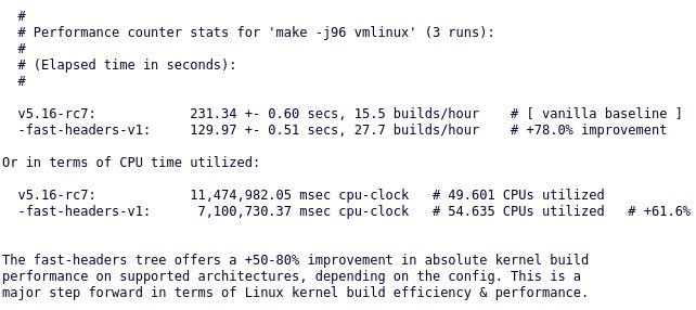 Veja como o aproveitamento cresce no comparativo entre a v5.16-rc7 do kernel e a "fast headers" de Ingo Molnar (Imagem: Reprodução/Kernel.org)
