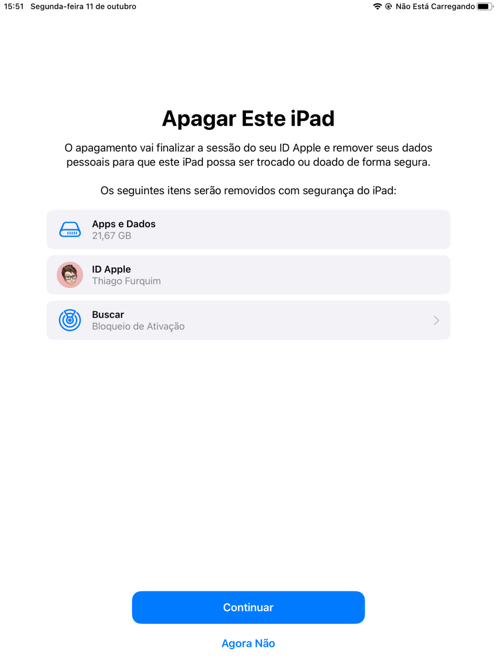 Toque em "Continuar" e siga as instruções para resetar o iPad - Captura de tela: Thiago Furquim (Canaltech)