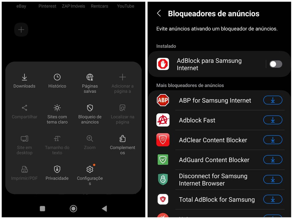 Desative o AdBlock no navegador Samsung para Android (Imagem: Captura de tela/Thiago Furquim/Canaltech)