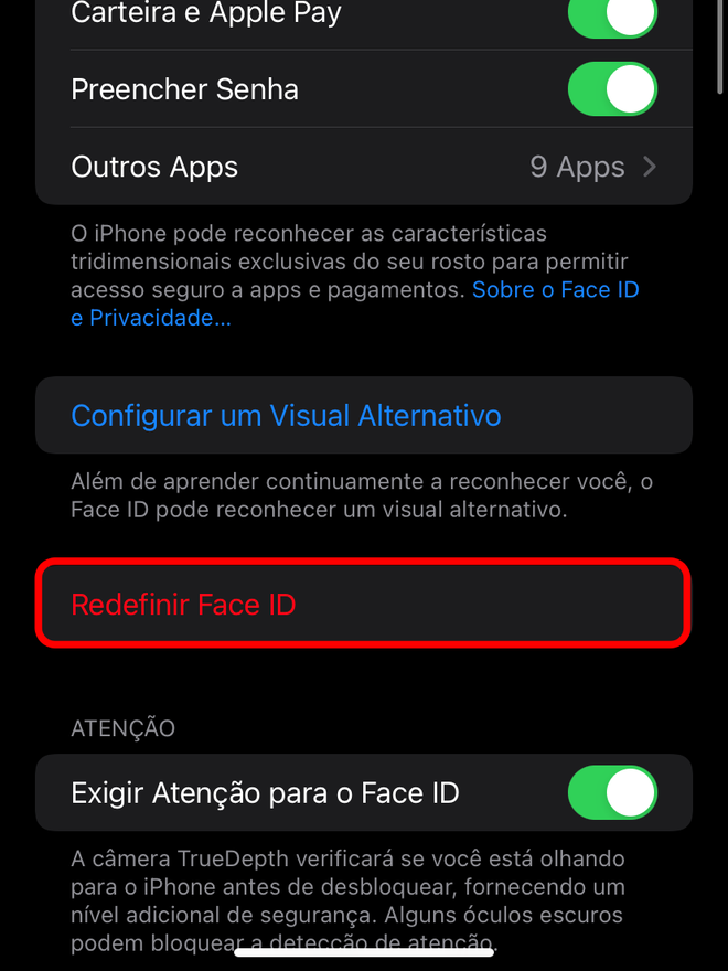 Toque em "Redefinir Face ID" para reconfigurar a biometria - Captura de tela: Thiago Furquim (Canaltech)