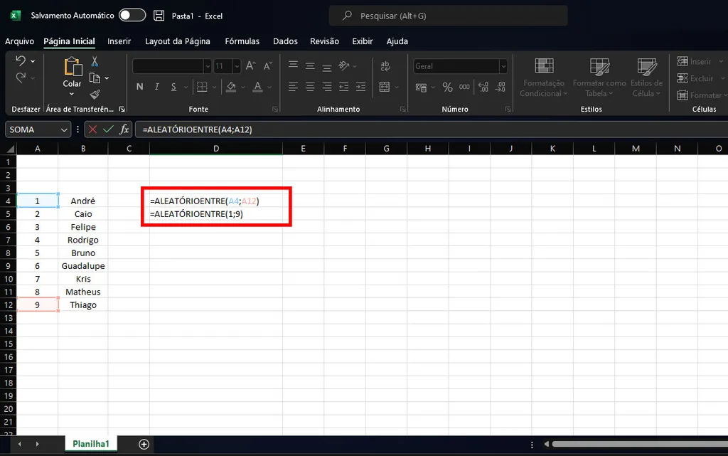 Veja como fazer sorteio no Excel usando a fórmula ALEATÓRIOENTRE (Captura de tela: Matheus Bigogno)