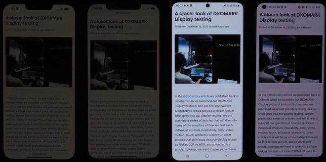 Brilho do iPhone 13 Pro Max ainda pode chegar a níveis extremamente baixos em comparação com o Galaxy S21 Ultra e o OnePlus 9 Pro (Imagem: DXOMARK)