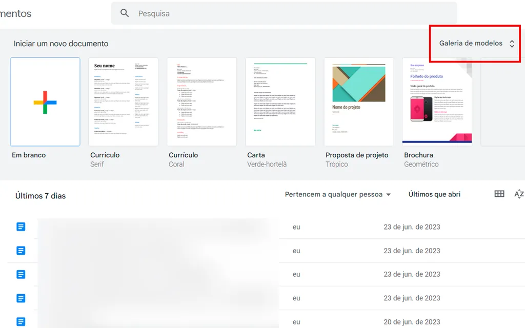 Escolha um exemplo de currículo no Documentos do Google (Imagem: Captura de tela/André Magalhães/Canaltech)