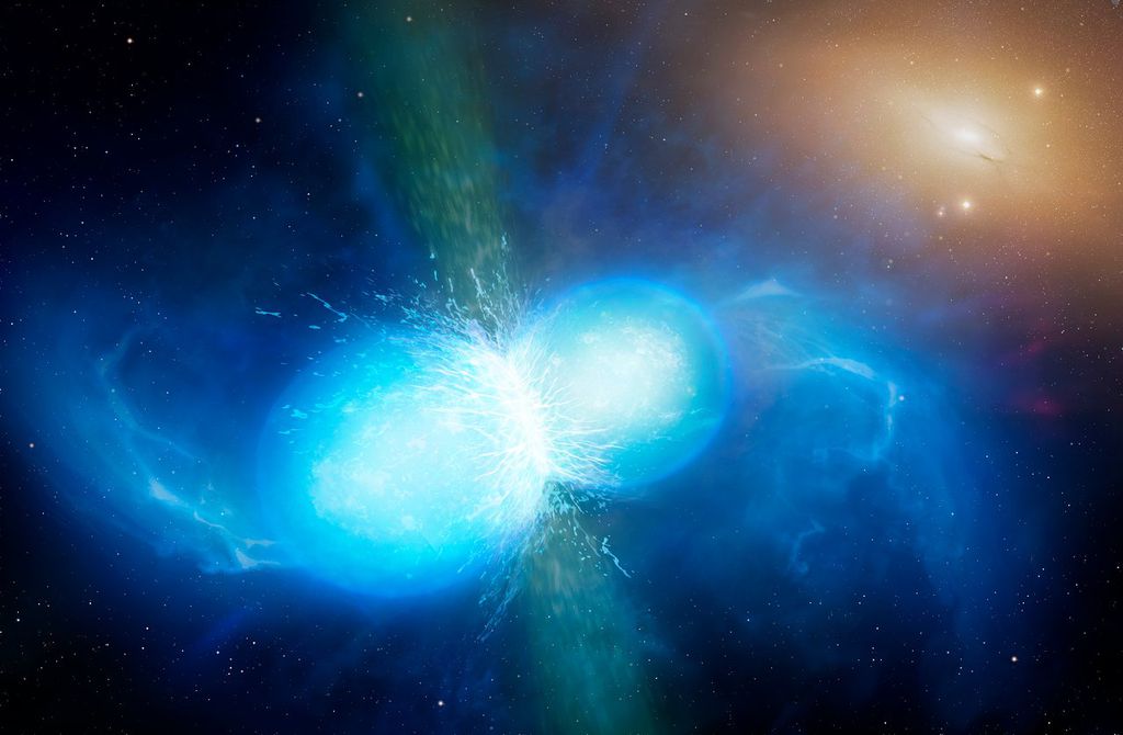 Concepção artística da fusão entre duas estrelas de nêutrons (Imagem: ESO/University of Warwick/Mark Garlick)