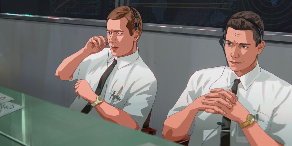 Cena da animação Apolo 10 e meio com personagem de Glen Powell