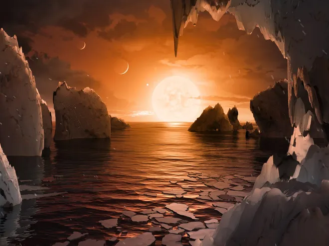 Conceito artístico de como poderia ser o cenário do planeta TRAPPIST-1 e, provavelmente o único de seu sistema que poderia ter água líquida (Imagem: Reprodução/NASA/JPL-Caltech)