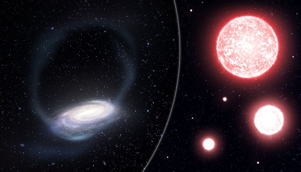 À esquerda, o fluxo de estrelas que se rompeu do aglomerado Fênix. À direita, gigantes vermelhas estudadas pelos pesquisadores (Imagem: James Josephides e S5)