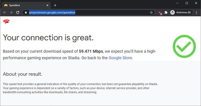 Teste de velocidade recomendado pelo Stadia não avalia upload ou latência (Imagem: Rubens Eishima/Canaltech)