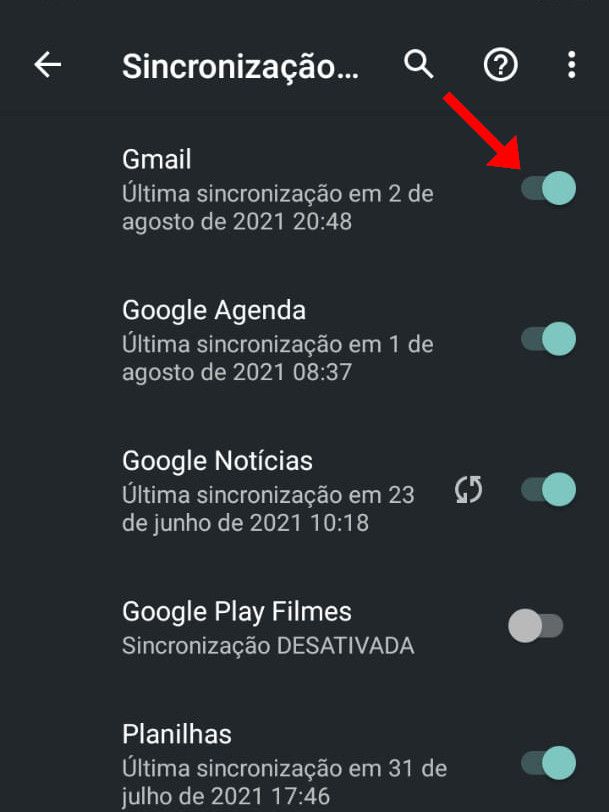 Desabilite a opção "Gmail" para desativar a sincronização (Captura de tela: Matheus Bigogno)