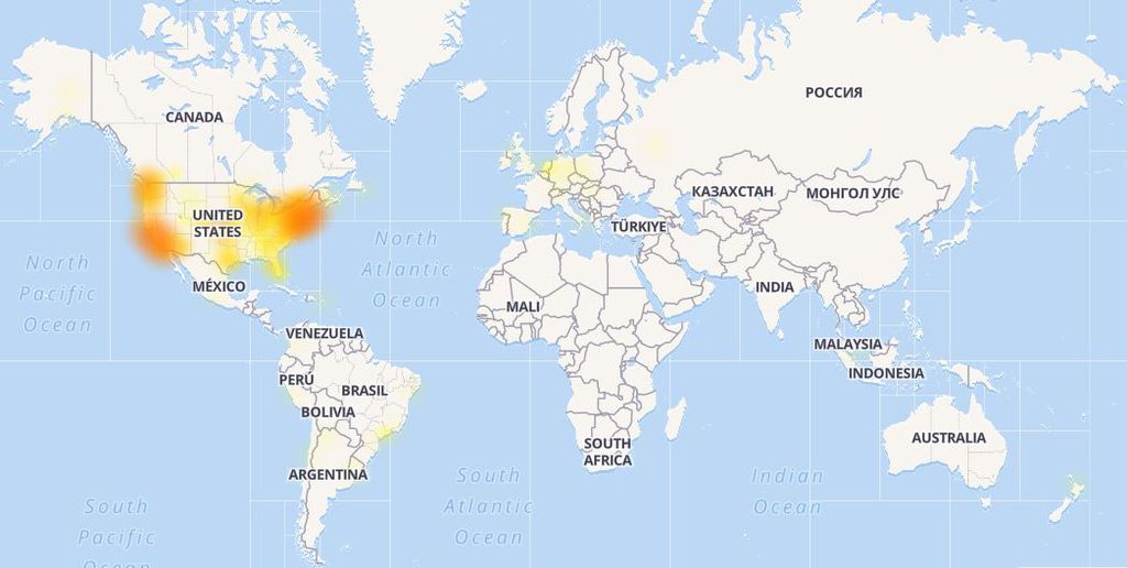Mapa que mostra os locais onde os usuários tem reportado problemas com o Spotify (Imagem: DownDetector)