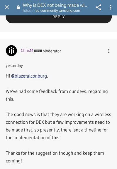 "Tivemos um feedback de nossos desenvolvedores sobre isso. A boa notícia é que eles estão trabalhando em uma conexão sem fio do DeX mas alguns ajustes ainda precisam ser feitos (...)" (Imagem: Reprodução/Samsung)