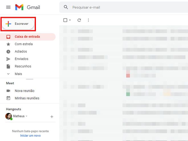 Abra o Gmail através de um navegador e clique em "Escrever" (Captura de tela: Matheus Bigogno)